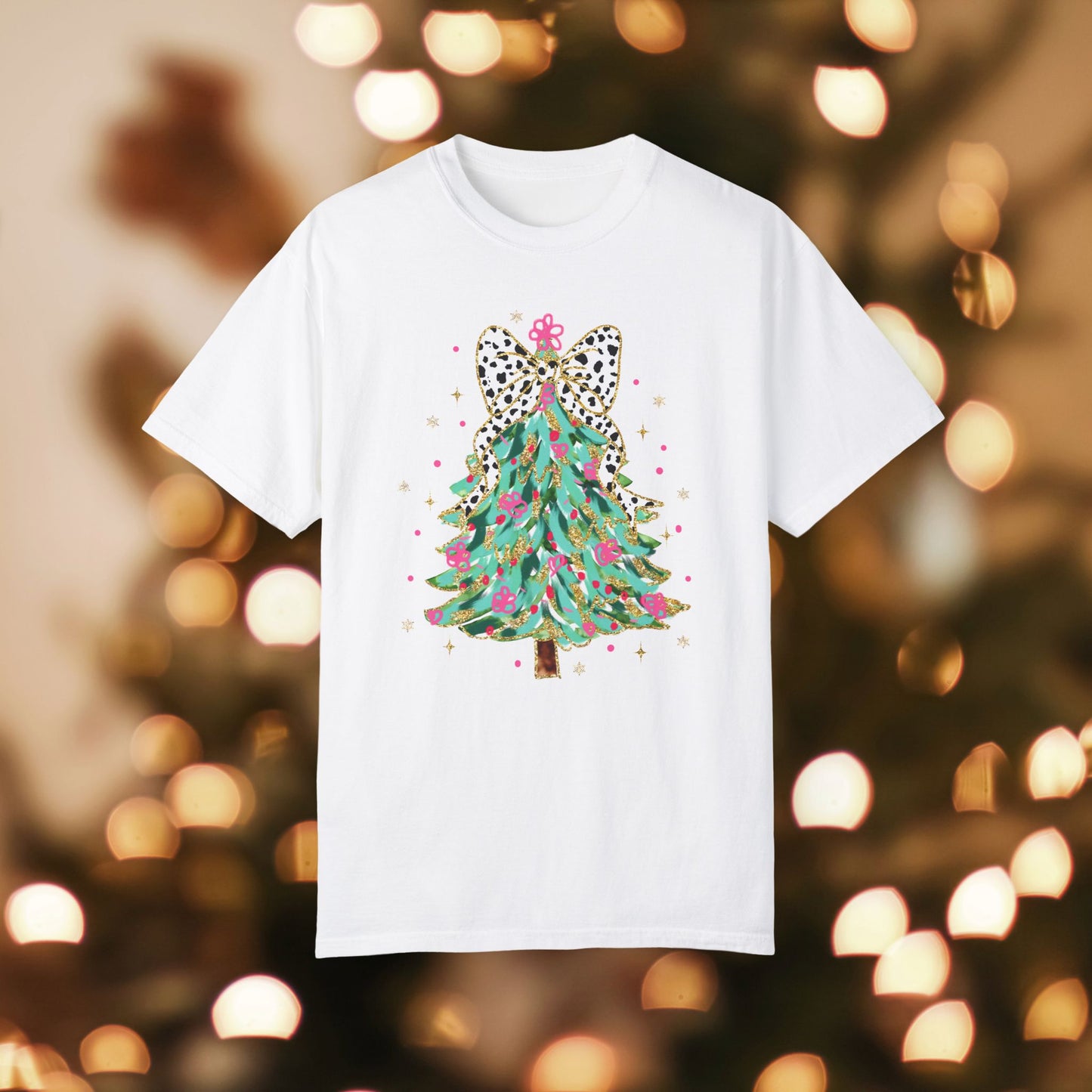 Pink & Green Christmas Tree Unisex Garment-Dyed T-shirt, Christmas Tee, Festive Holiday Shirt, Graphic Santa Top, Soft Cotton Shirt