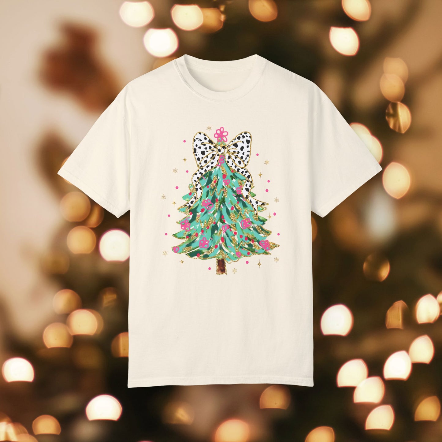 Pink & Green Christmas Tree Unisex Garment-Dyed T-shirt, Christmas Tee, Festive Holiday Shirt, Graphic Santa Top, Soft Cotton Shirt