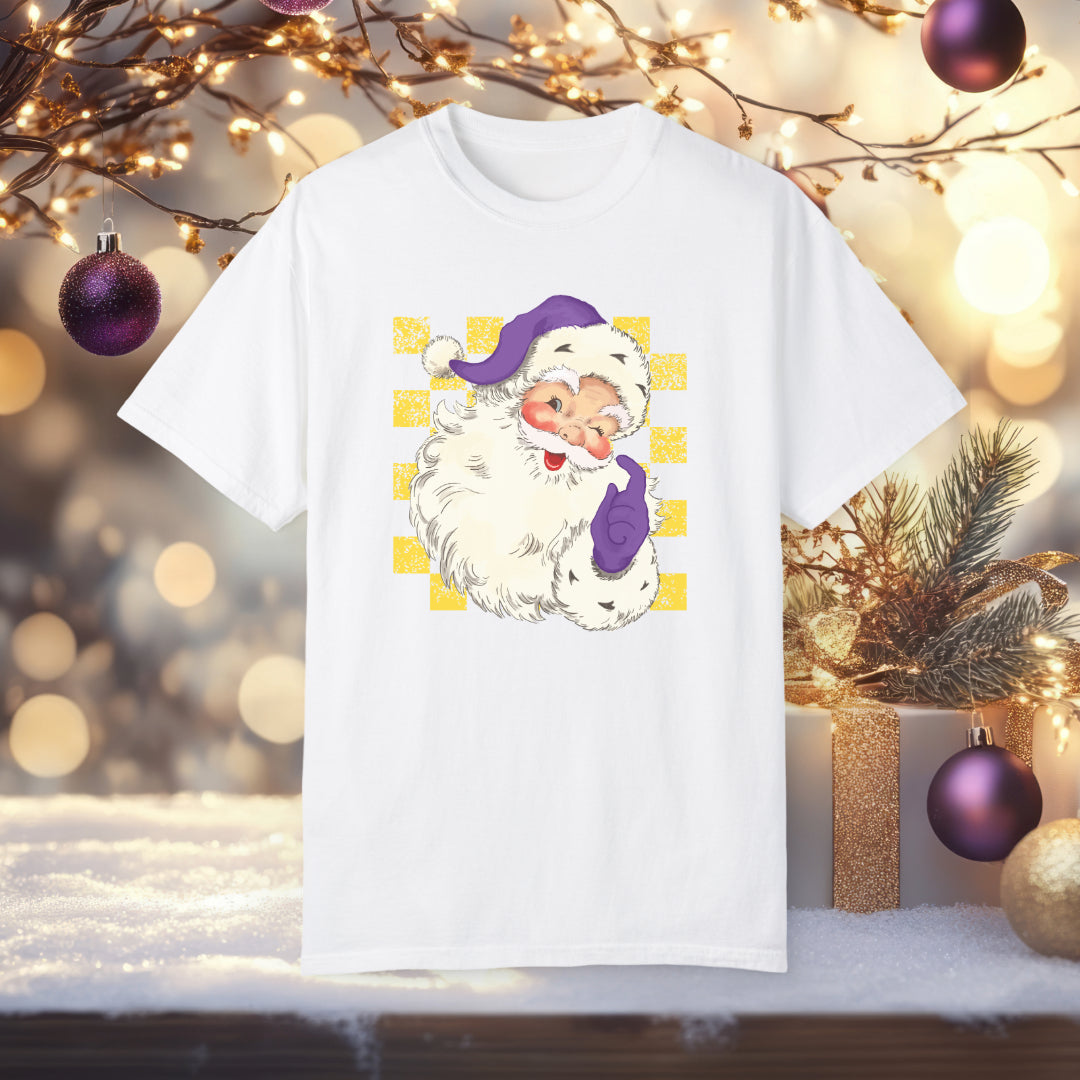 Purple Gold Santa Claus Christmas Shirt Festive Holiday Tee, Unique Santa Design, Christmas Gift Idea, Holiday Party Outfit, Christmas Style