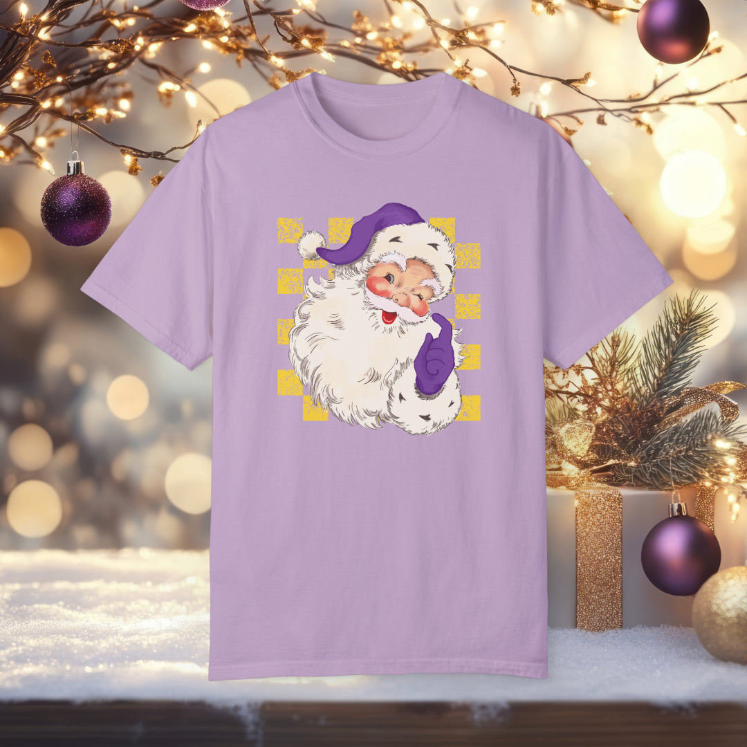 Purple Gold Santa Claus Christmas Shirt Festive Holiday Tee, Unique Santa Design, Christmas Gift Idea, Holiday Party Outfit, Christmas Style