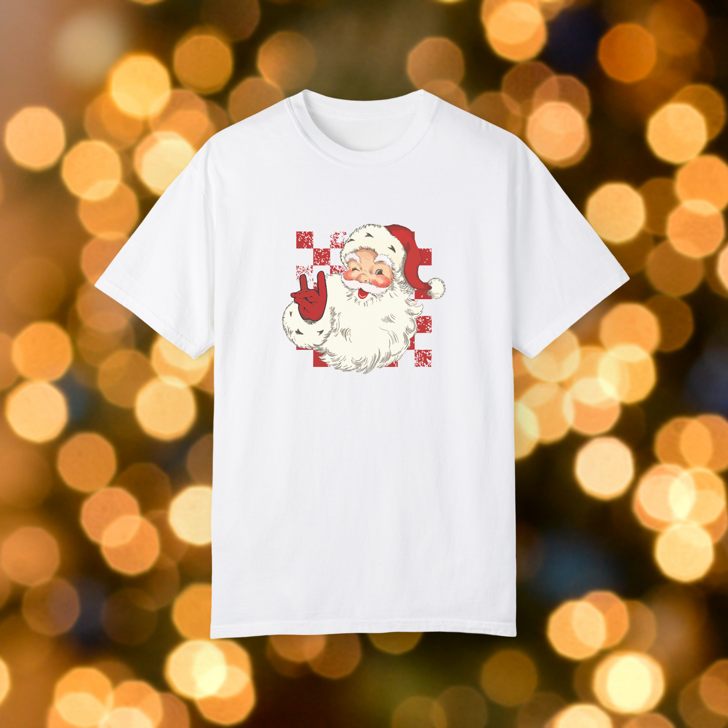 Red and White Gameday Santa Claus Unisex Garment-Dyed T-shirt, Christmas Tee, Festive Holiday Shirt, Graphic Santa Top, Soft Cotton Shirt