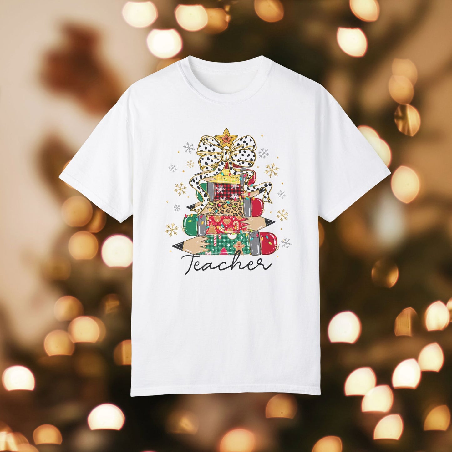 Teacher Christmas Tree Unisex Garment-Dyed T-shirt, Christmas Tee, Festive Holiday Shirt, Graphic Santa Top, Soft Cotton Shirt