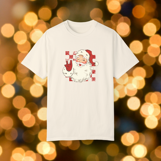 Red and White Gameday Santa Claus Unisex Garment-Dyed T-shirt, Christmas Tee, Festive Holiday Shirt, Graphic Santa Top, Soft Cotton Shirt
